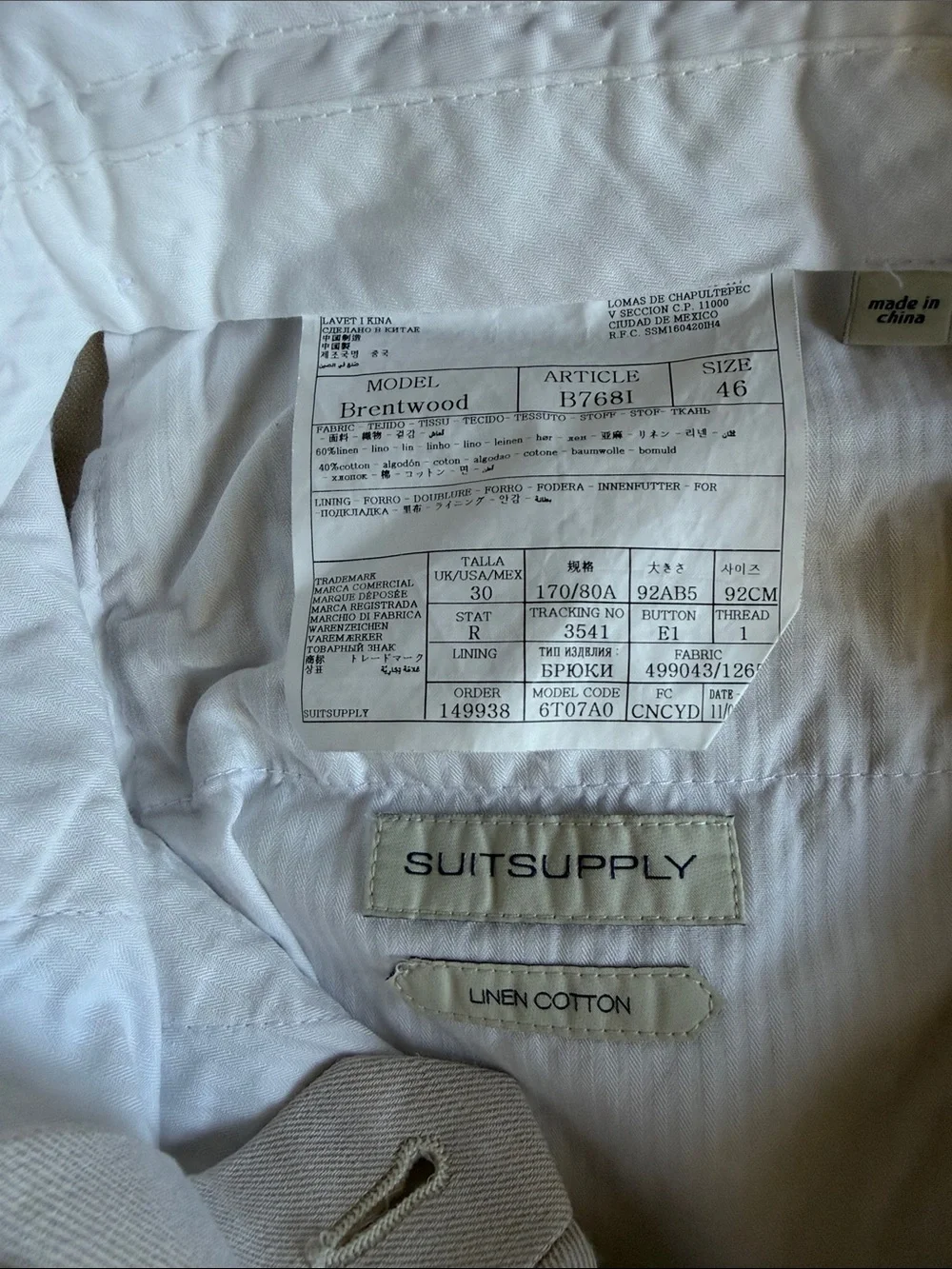 Suit Supply Italian Tessuti Sandrio Cotton Linen Brentwood  Ivory Pants 30 x 28